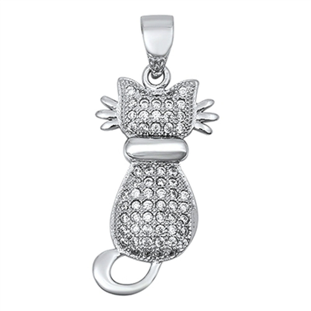 Cat Back Silhouette Pendant Clear Simulated CZ .925 Sterling Silver Pet Charm