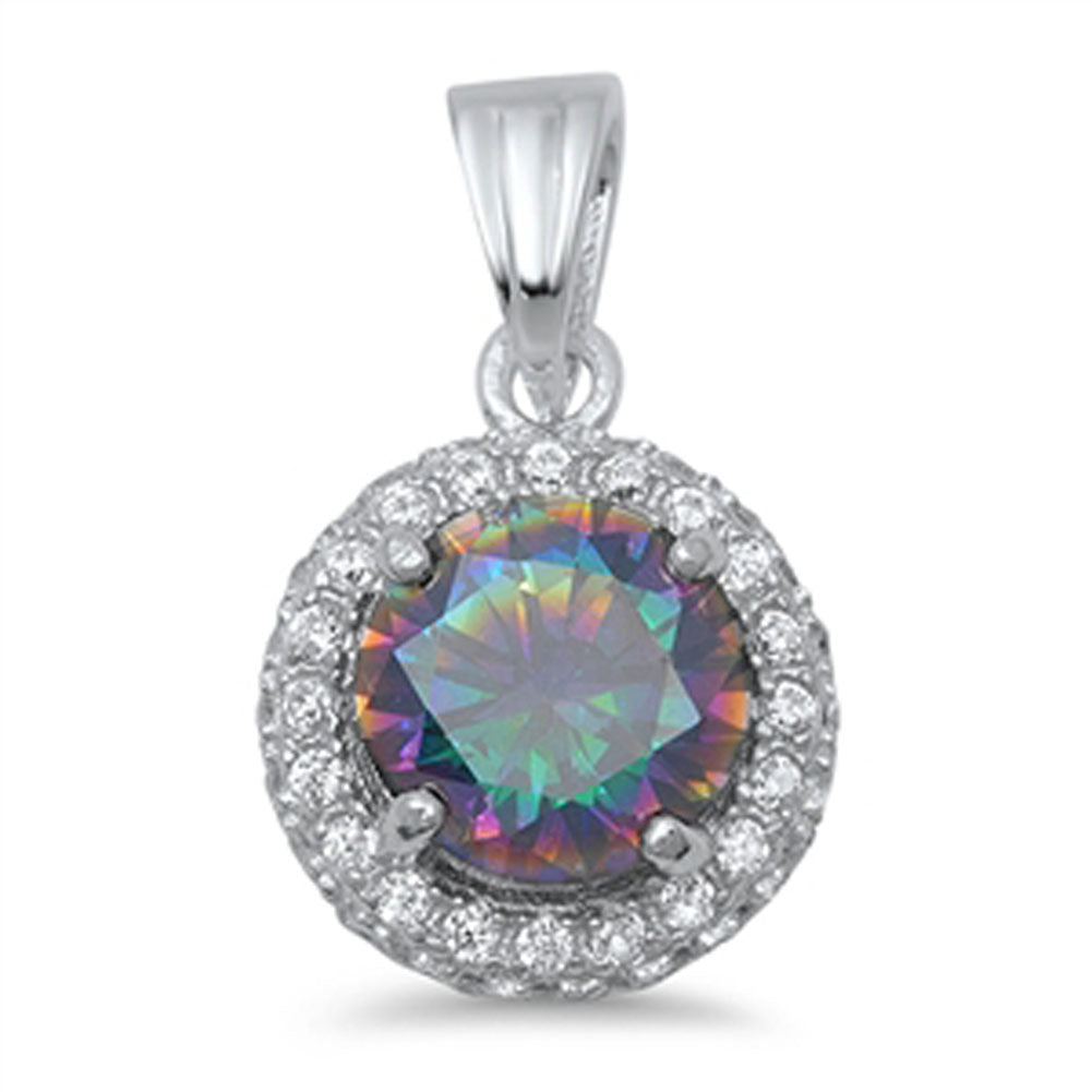 Classic Round Halo Pendant Rainbow Simulated Topaz .925 Sterling Silver Charm