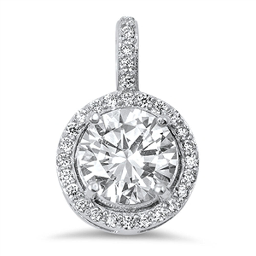 Fancy Round Halo Pendant Clear Simulated CZ .925 Sterling Silver Cluster Charm