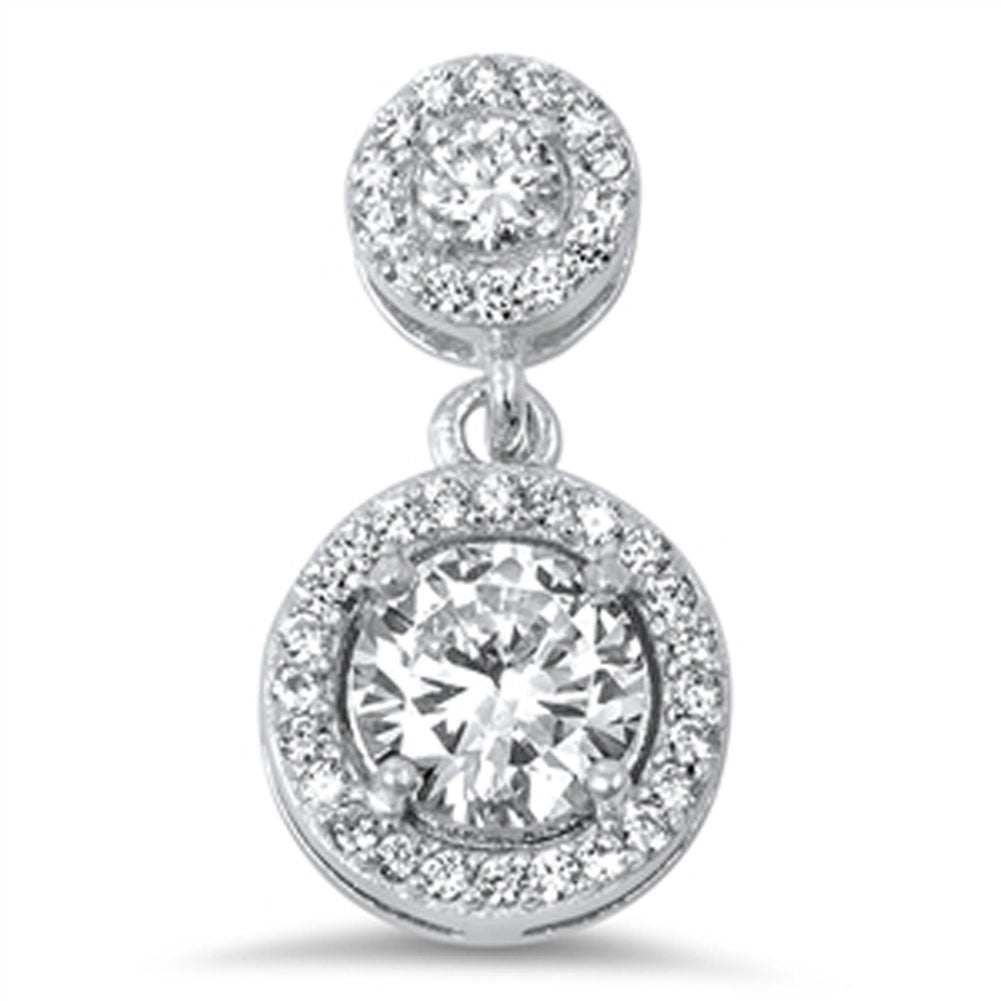 Double Circle Drop Dangle Pendant Clear Simulated CZ .925 Sterling Silver Charm