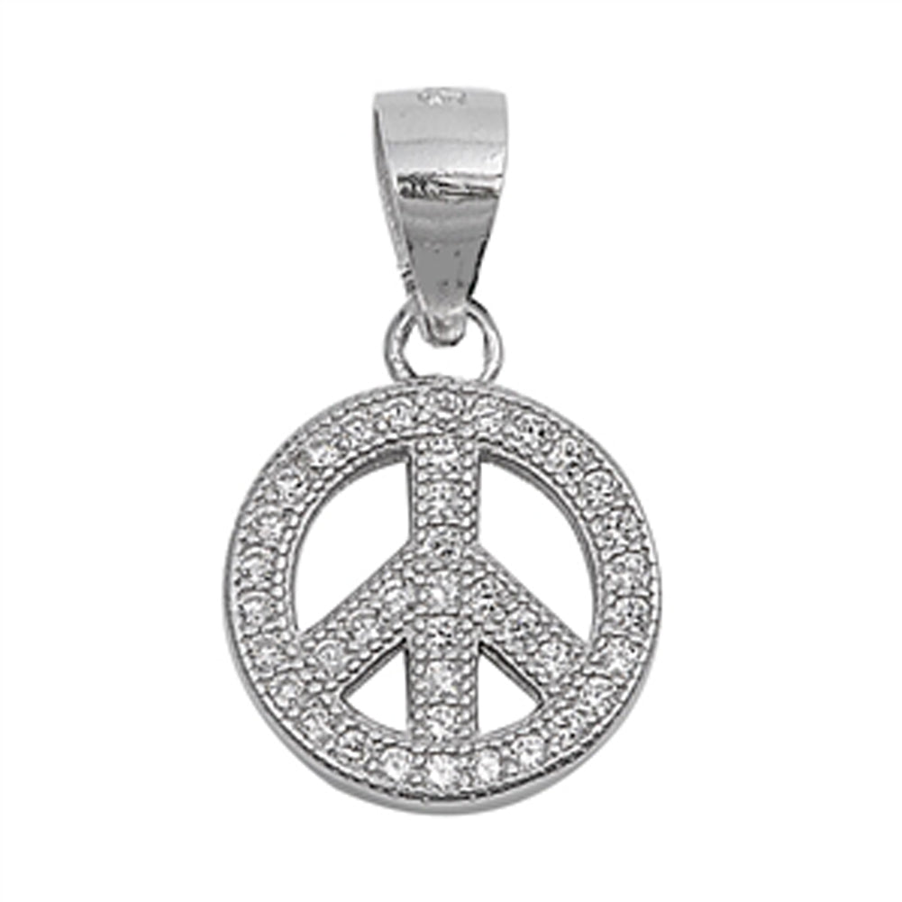 Sterling Silver Hippie Symbol Elegant Peace Sign Pendant Clear Simulated CZ