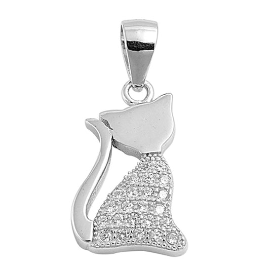 Animal Cute Studded Cat Pendant Clear Simulated CZ .925 Sterling Silver Charm