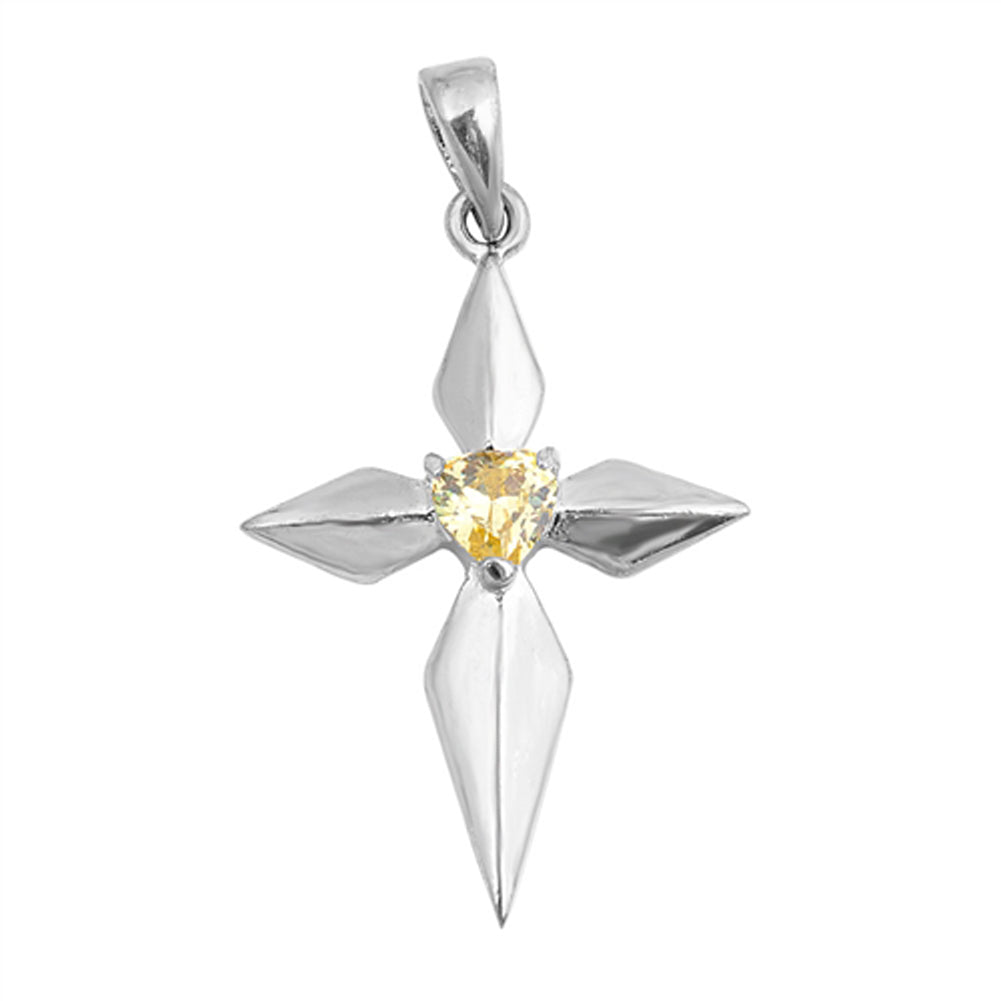 Star Pointed Dagger Cross Pendant Yellow CZ .925 Sterling Silver Charm