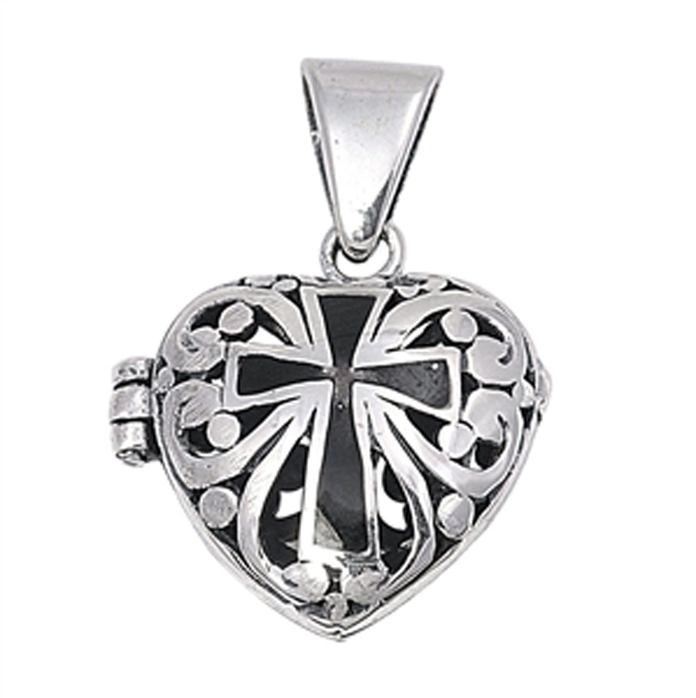 Cross Filigree Swirl Promise Heart Pendant .925 Sterling Silver Locket Charm