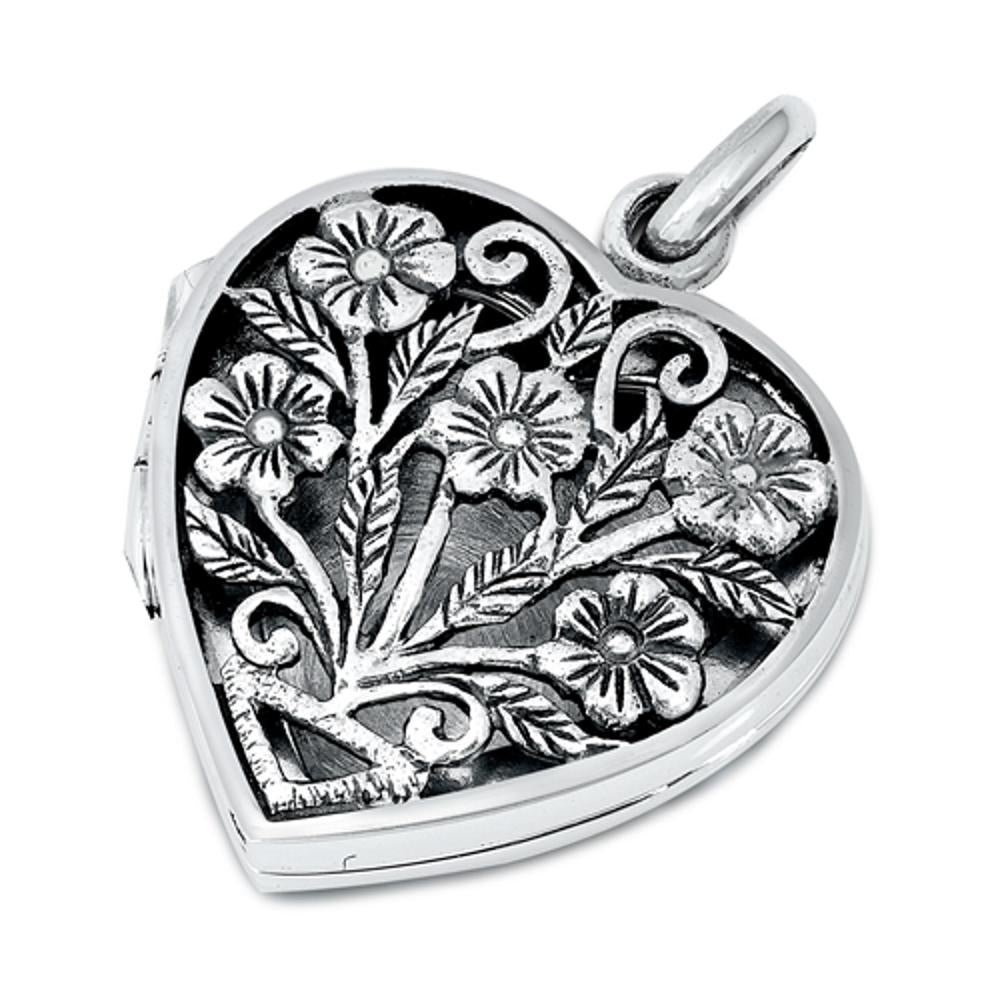 Sterling Silver Ornate Floral Locket Pendant Cutout Vintage Style Flower Charm