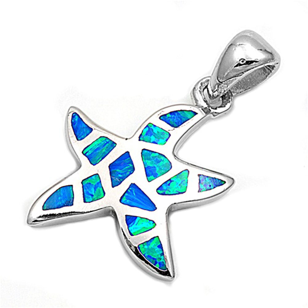 Tropical Starfish Pendant Blue Simulated Opal .925 Sterling Silver Ocean Charm