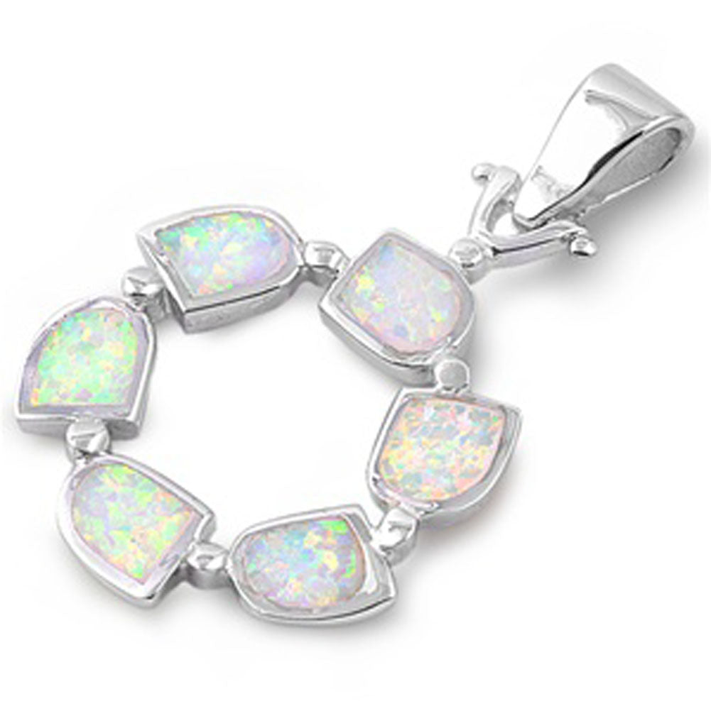 Sterling Silver Abstract Scalloped Wreath Pendant White Simulated Opal Charm