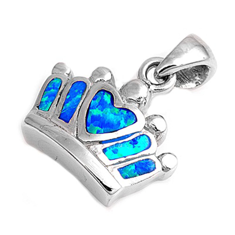Cute Heart Crown Pendant Blue Simulated Opal .925 Sterling Silver King Charm