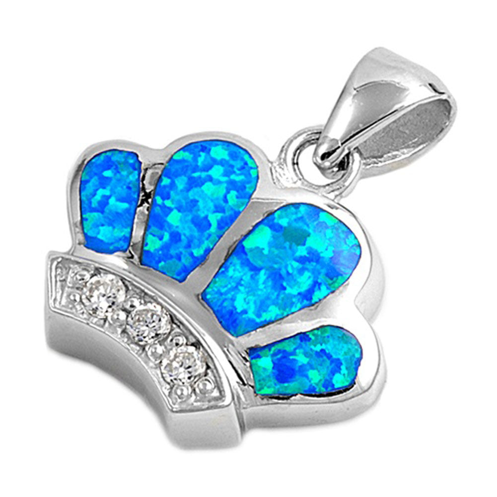 Sterling Silver Stylized Scalloped Rounded Crown Pendant Blue Simulated Opal