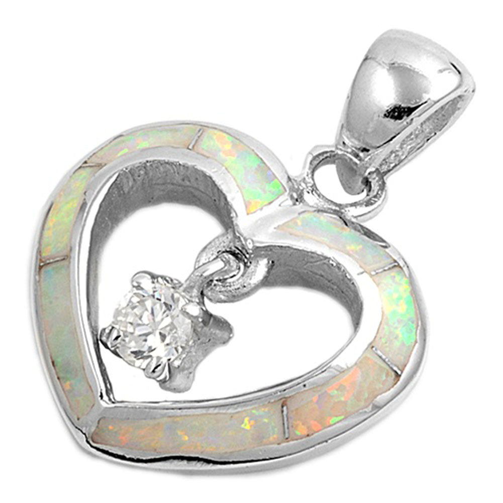Sterling Silver Cutout Classic Romantic Heart Pendant White Simulated Opal Charm