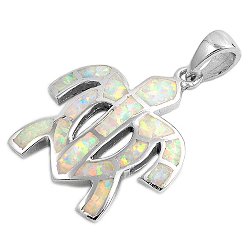 Cutout Sea Turtle Symbol Pendant White Simulated Opal .925 Sterling Silver Charm