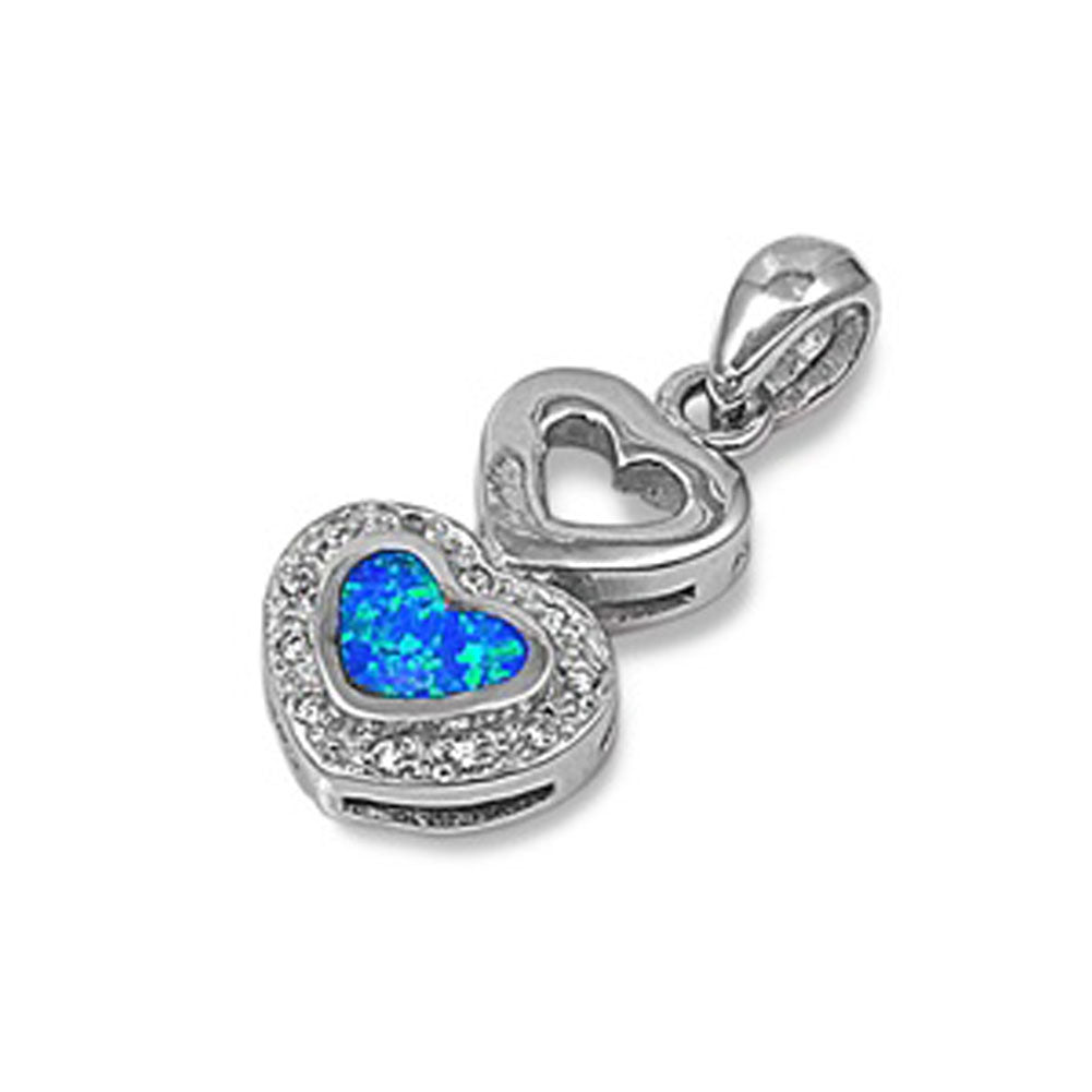 Sterling Silver Cutout Double Stacked Heart Pendant Blue Simulated Opal Charm