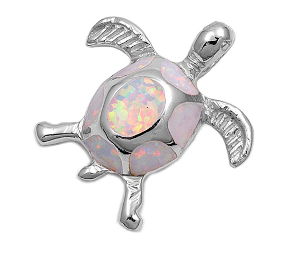Sterling Silver Ocean Swimming Sea Turtle Pendant White Simulated Opal Charm