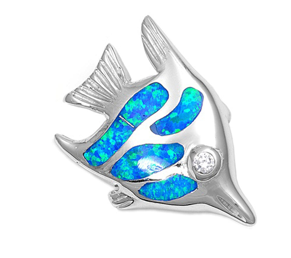 Cute Tropical Fish Pendant Blue Simulated Opal .925 Sterling Silver Angel Charm