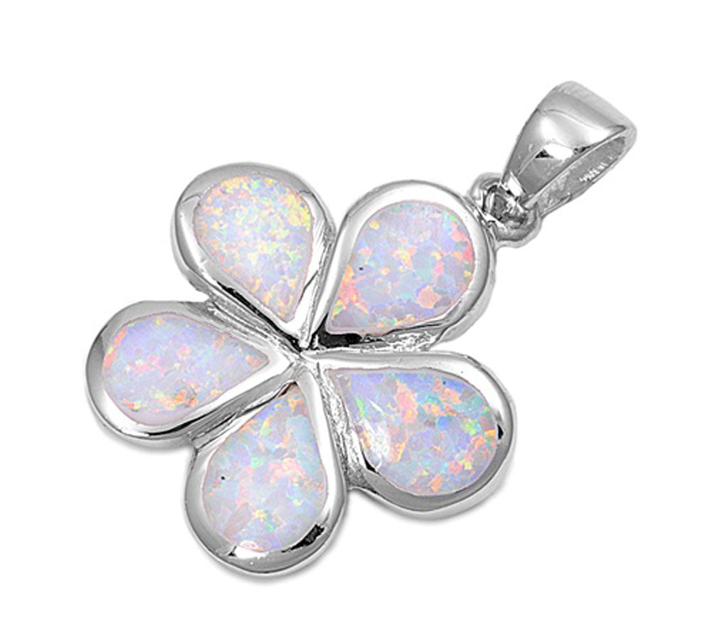 Sterling Silver Sparkly Teardrop Plumeria White Simulated Opal Pendant Charm
