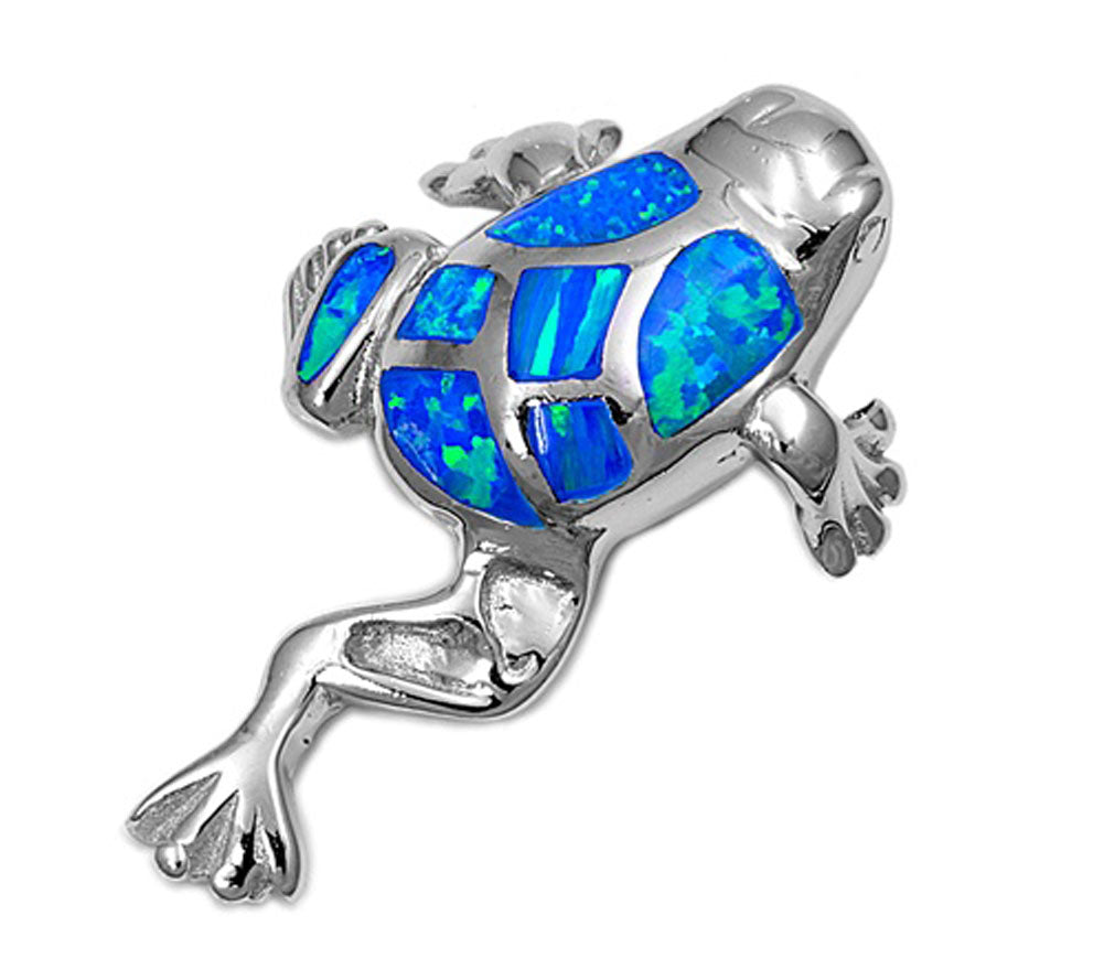 Climbing Tropical Frog Pendant Blue Simulated Opal .925 Sterling Silver Charm