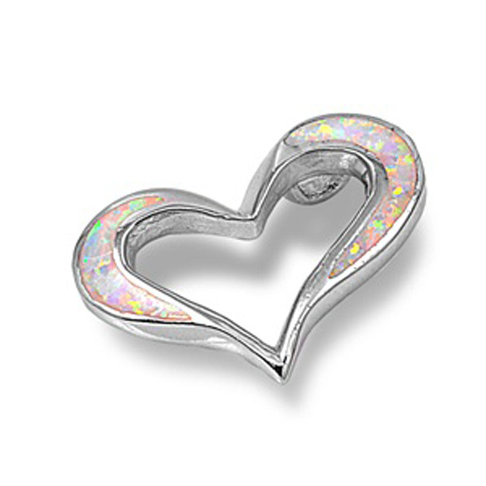 Sterling Silver Cutout Wide Sparkly Heart Pendant White Simulated Opal Charm