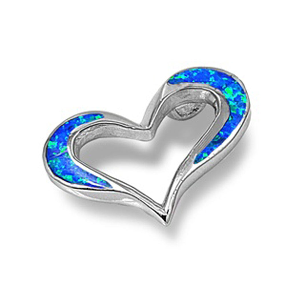 Cutout Wide Heart Slider Pendant Blue Simulated Opal .925 Sterling Silver Charm