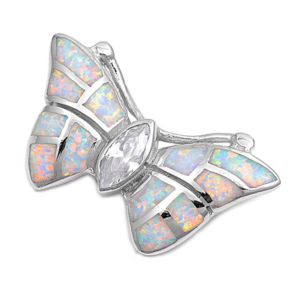 Wide Elegant Butterfly Pendant White Simulated Opal .925 Sterling Silver Charm