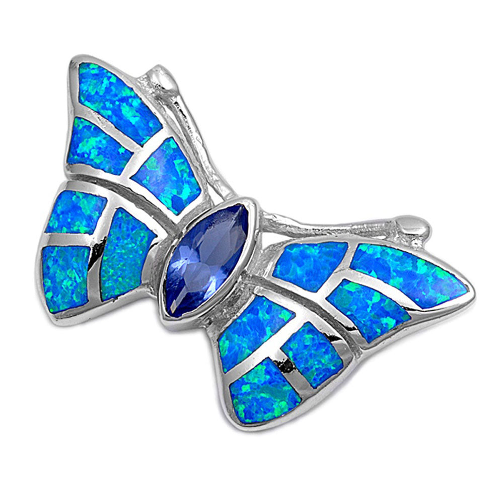 Sterling Silver Fancy Solitaire Butterfly Pendant Blue Simulated Opal Charm