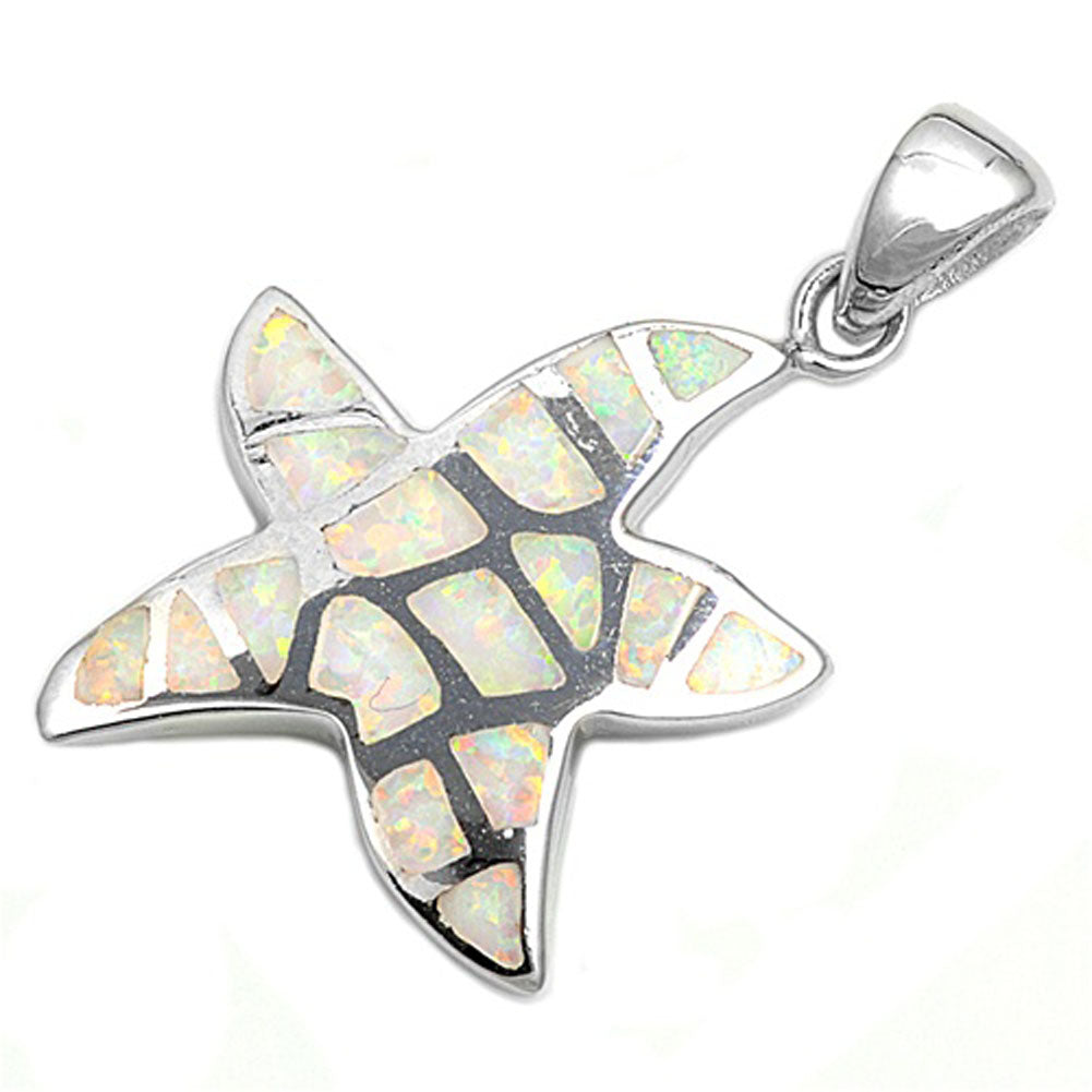 Cute Mosaic Starfish Pendant White Simulated Opal .925 Sterling Silver Charm
