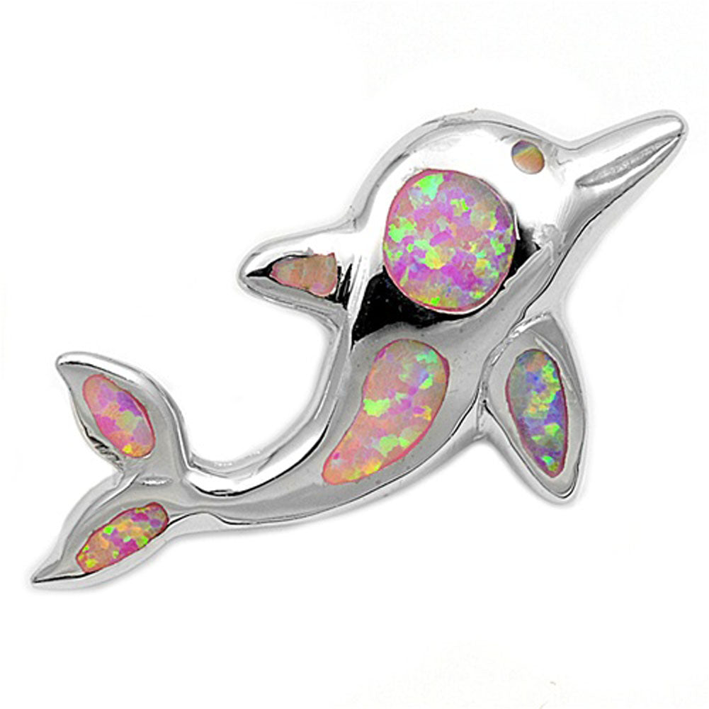 Cute Flying Dolphin Pendant Pink Simulated Opal .925 Sterling Silver Sea Charm