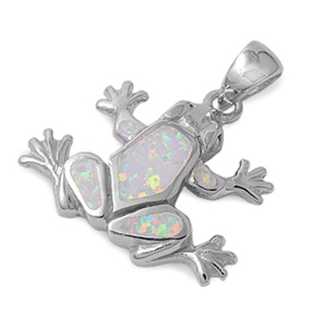 Cute Mosaic Frog Pendant White Simulated Opal .925 Sterling Silver Animal Charm
