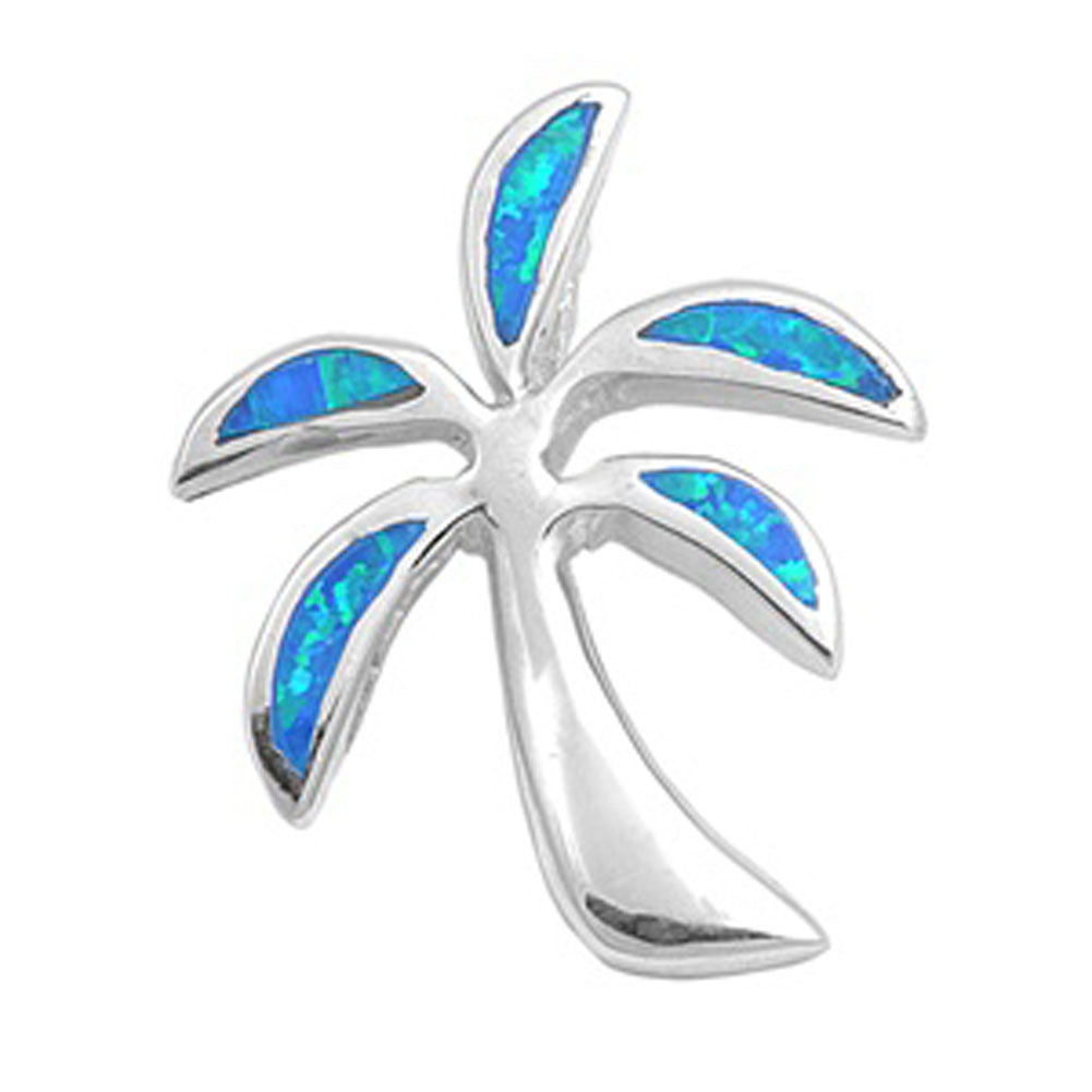 Wispy Palm Tree Pendant Blue Simulated Opal .925 Sterling Silver Beach Charm