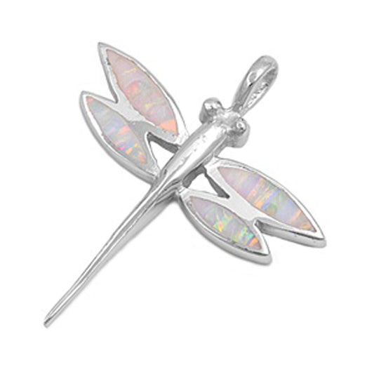 Sterling Silver Unique Elongated Dragonfly Pendant White Simulated Opal Charm