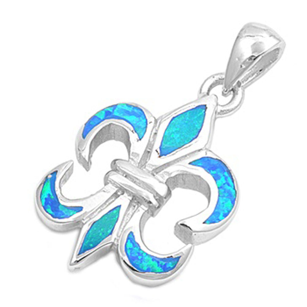 Mosaic Fleur De Lis Pendant Blue Simulated Opal .925 Sterling Silver Charm