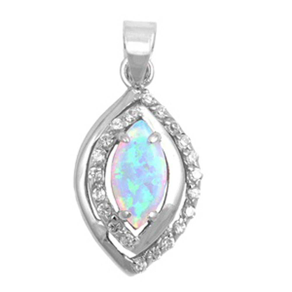 Sterling Silver Studded Dangling Halo Pendant Light Blue Simulated Opal Charm
