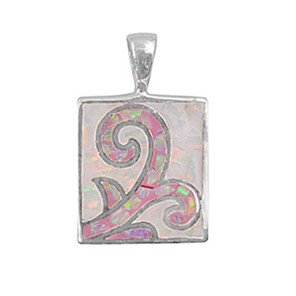 Filigree Swirl Vine Pendant Pink Simulated Opal .925 Sterling Silver Leaf Charm