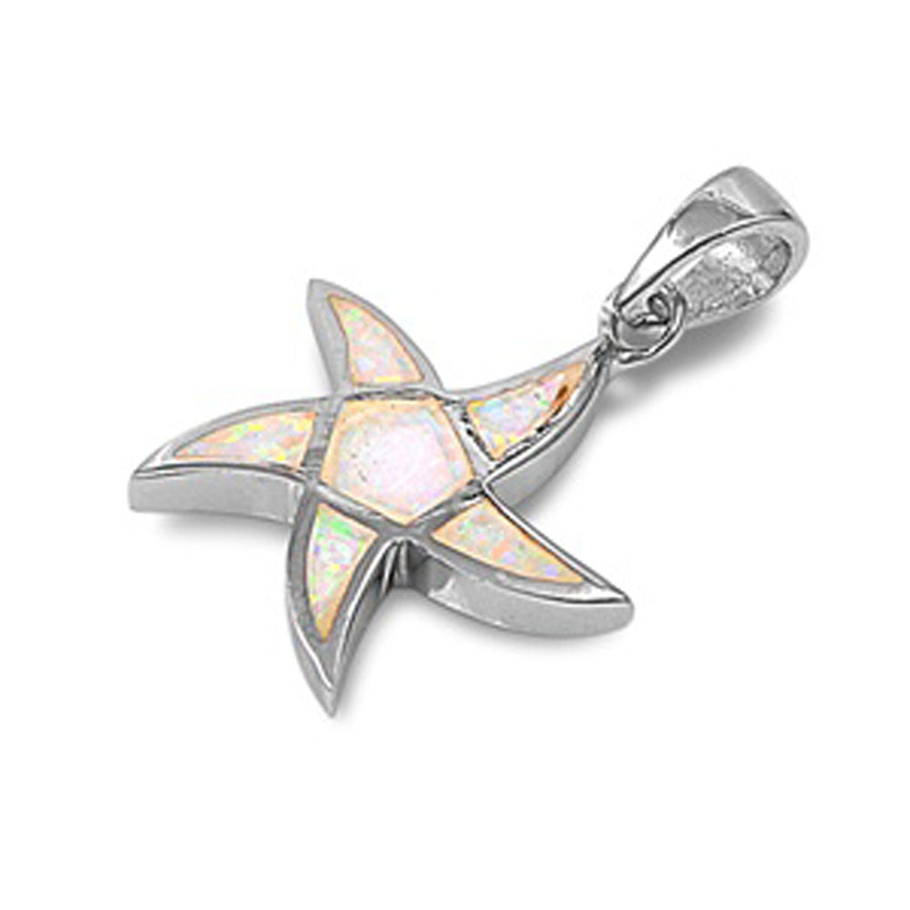 Curved Point Star Pendant White Simulated Opal .925 Sterling Silver Shape Charm