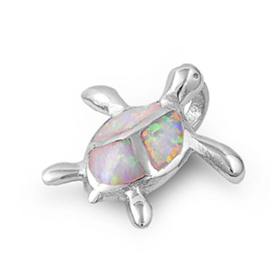 Cute Mosaic Sea turtle Pendant White Simulated Opal .925 Sterling Silver Charm
