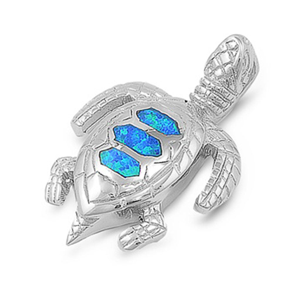 Sterling Silver Realistic Etched Sea Turtle Pendant Blue Simulated Opal Charm