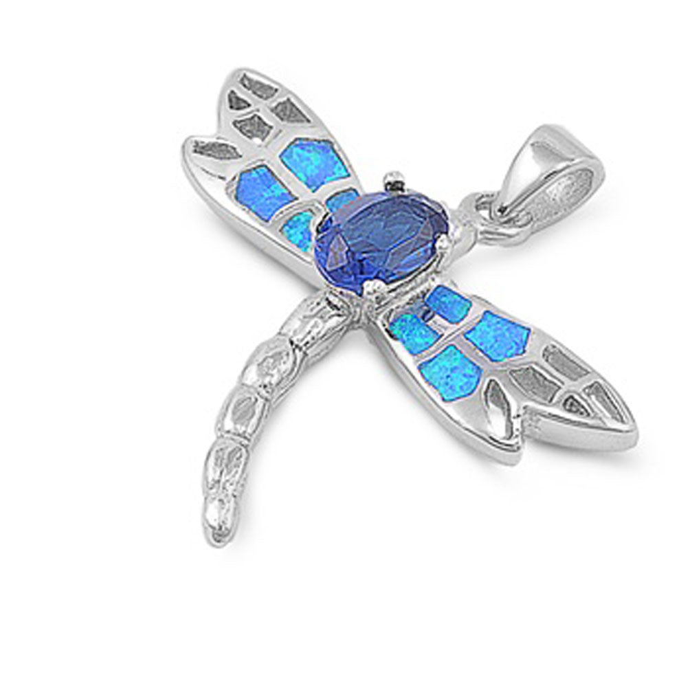 Mosaic Dragonfly Pendant Blue Simulated Opal .925 Sterling Silver Animal Charm