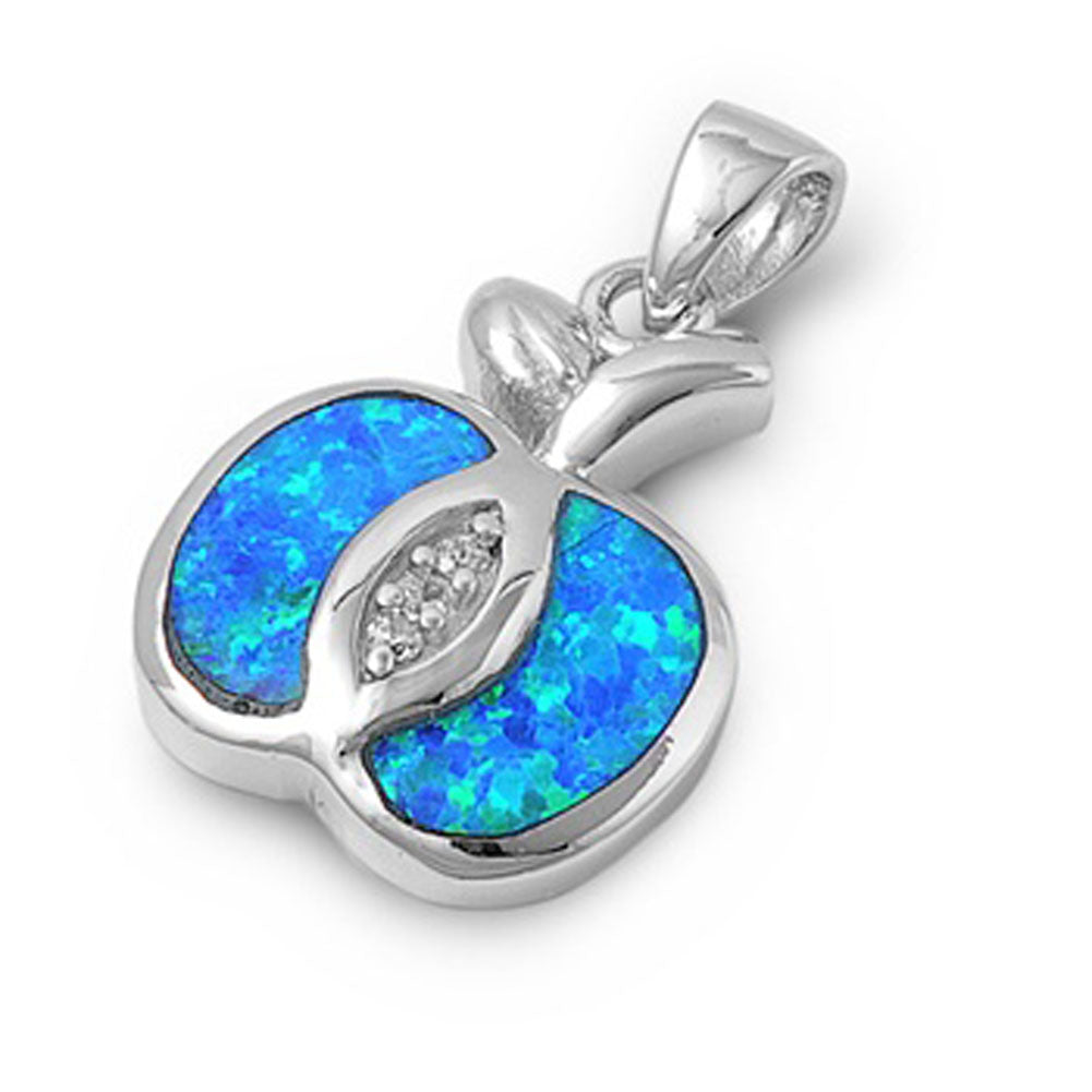 Elegant Studded Apple Pendant Blue Simulated Opal .925 Sterling Silver Charm