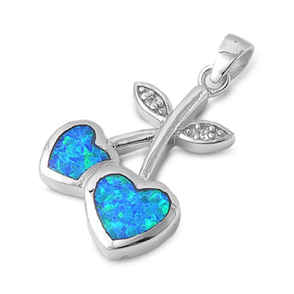 Double Heart Cherry Stem Pendant Blue Simulated Opal .925 Sterling Silver Charm