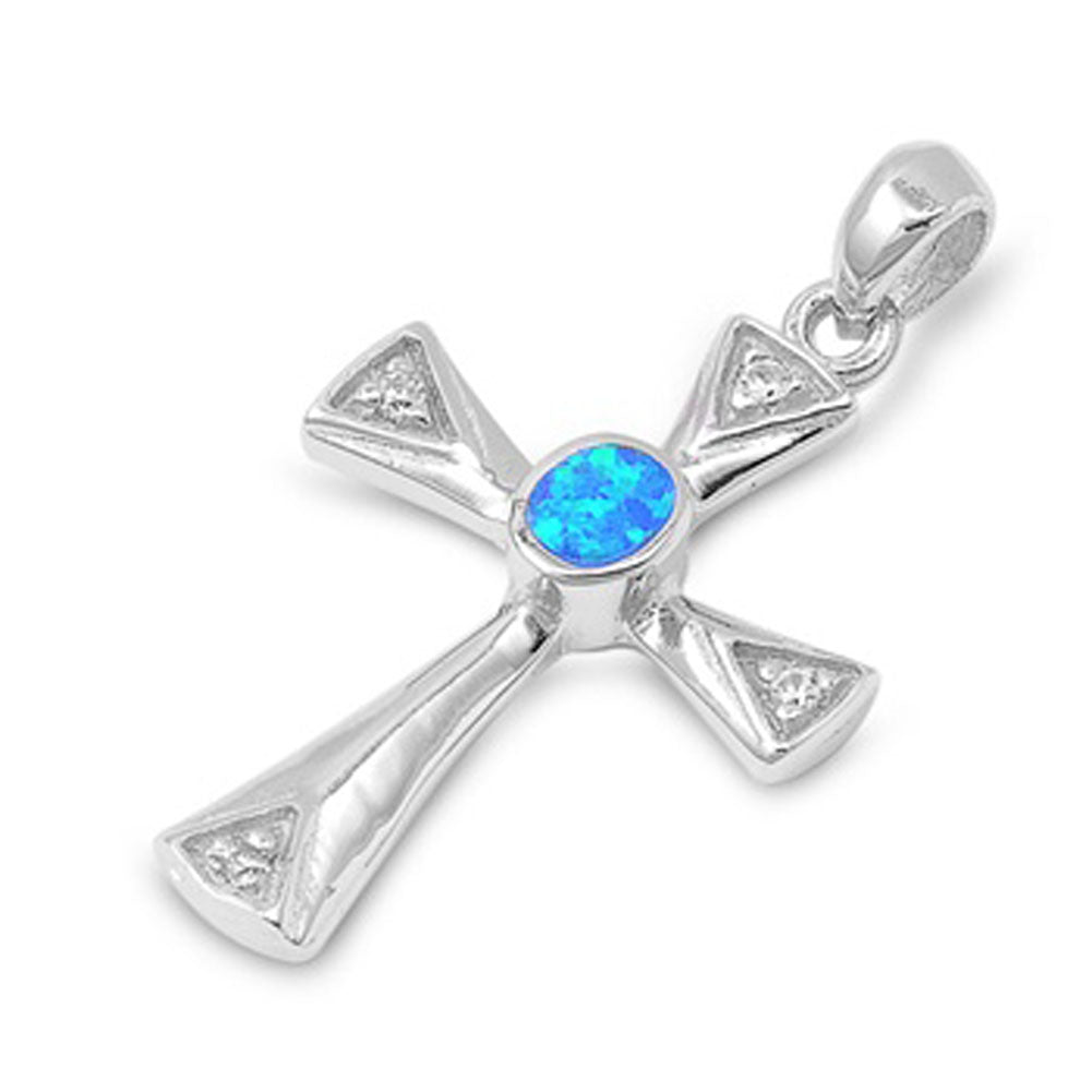 Elegant Beveled Cross Pendant Blue Simulated Opal .925 Sterling Silver Charm