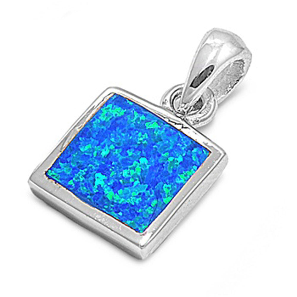 Classic Square Pendant Blue Simulated Opal .925 Sterling Silver Geometric Charm