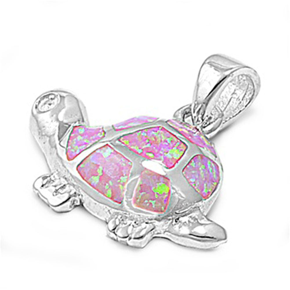 Cute Pet Turtle Pendant Pink Simulated Opal .925 Sterling Silver Mosaic Charm