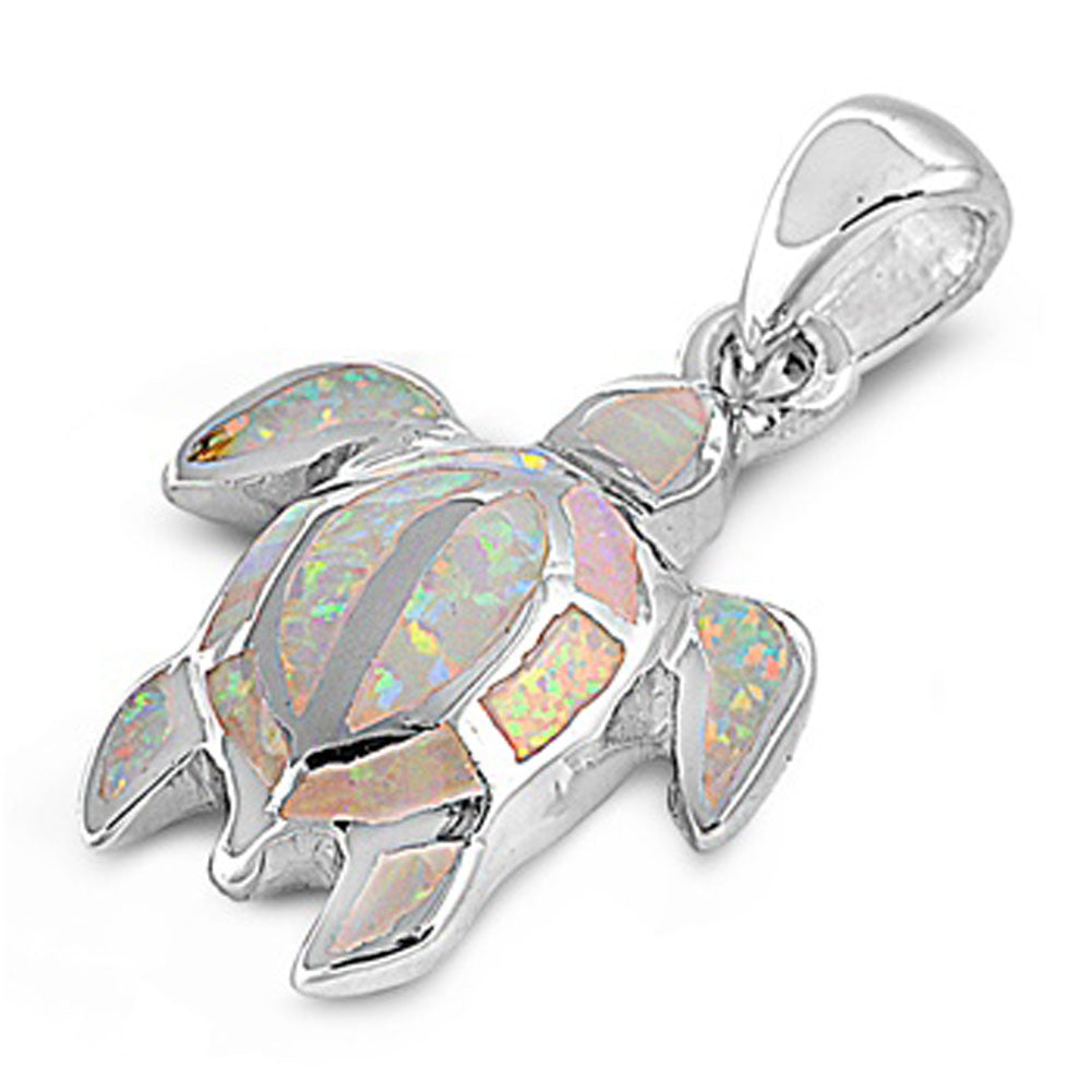 Shiny Beach Turtle Pendant White Simulated Opal .925 Sterling Silver Sea Charm