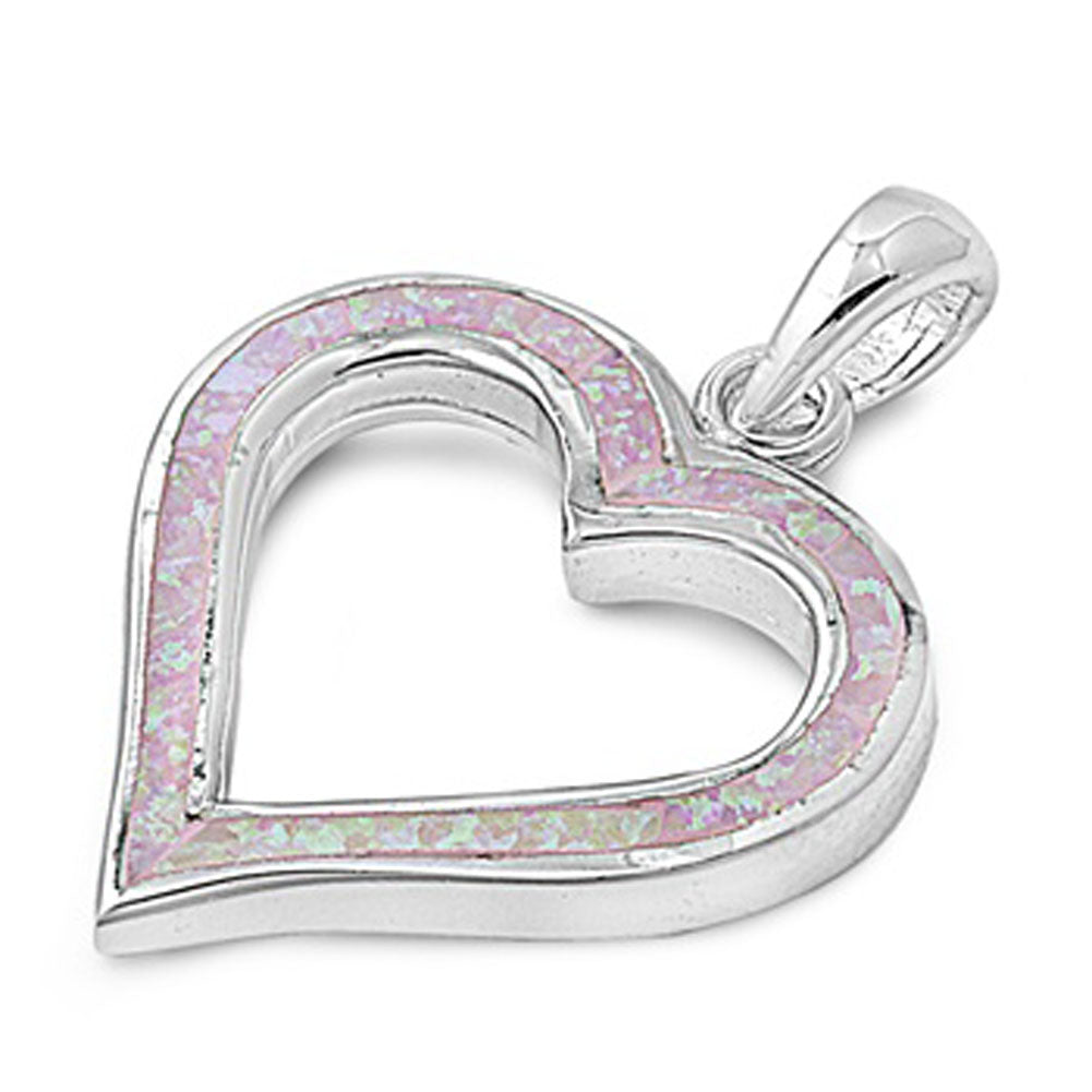 Classic Love Heart Pendant Pink Simulated Opal .925 Sterling Silver Charm