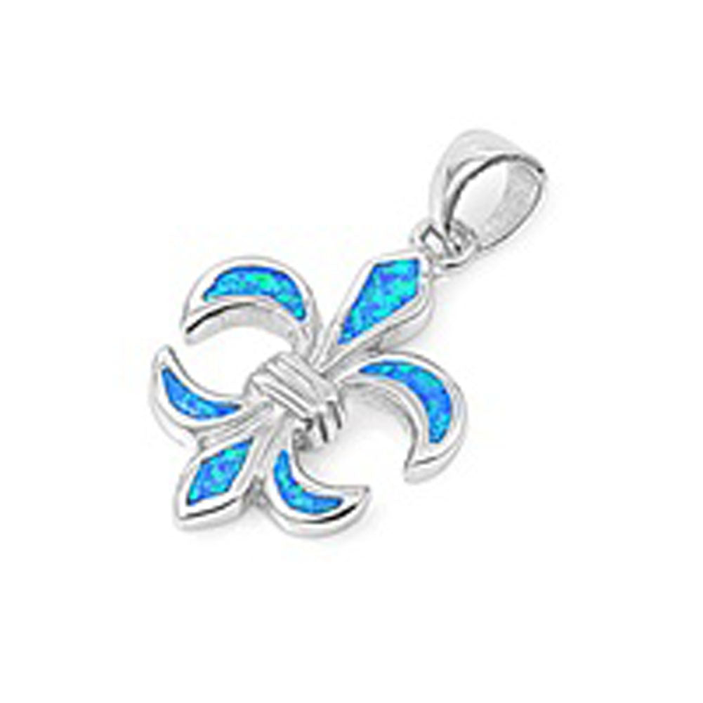 Exaggerated Fleur De Lis Pendant Blue Simulated Opal .925 Sterling Silver Charm