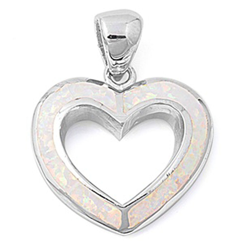 Simple Split Heart Pendant White Simulated Opal .925 Sterling Silver Love Charm