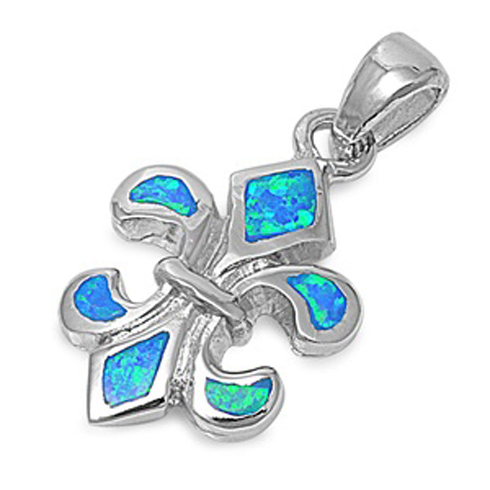 Elegant Fleur De Lis Pendant Blue Simulated Opal .925 Sterling Silver Charm
