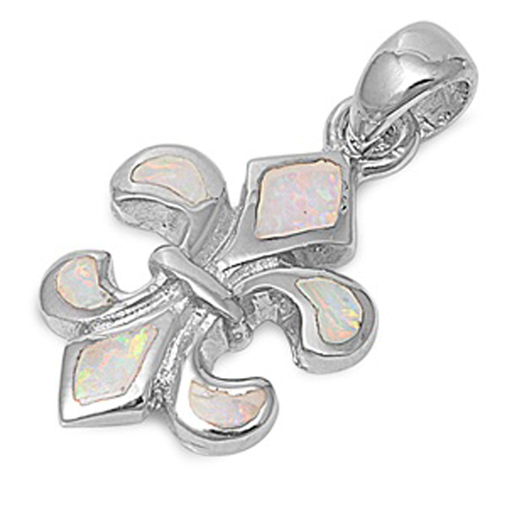 Elegant Fleur De Lis Pendant White Simulated Opal .925 Sterling Silver Charm