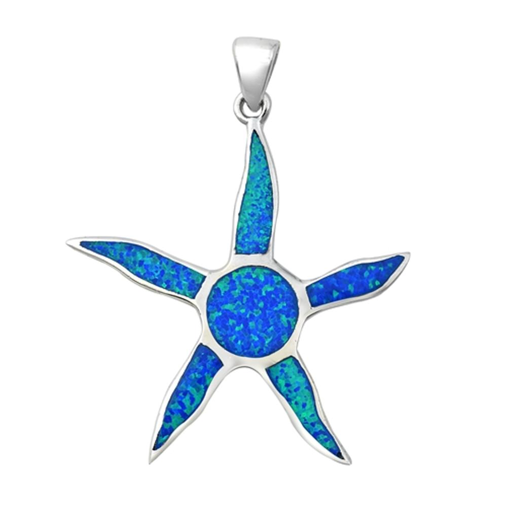 Bold Mosaic Starfish Pendant Blue Simulated Opal .925 Sterling Silver Sun Charm