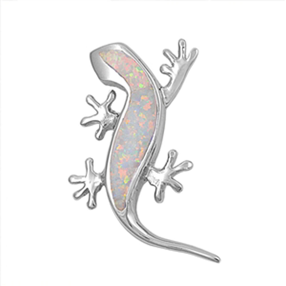 Sterling Silver Tropical Climbing Gecko Lizard Pendant White Simulated Opal