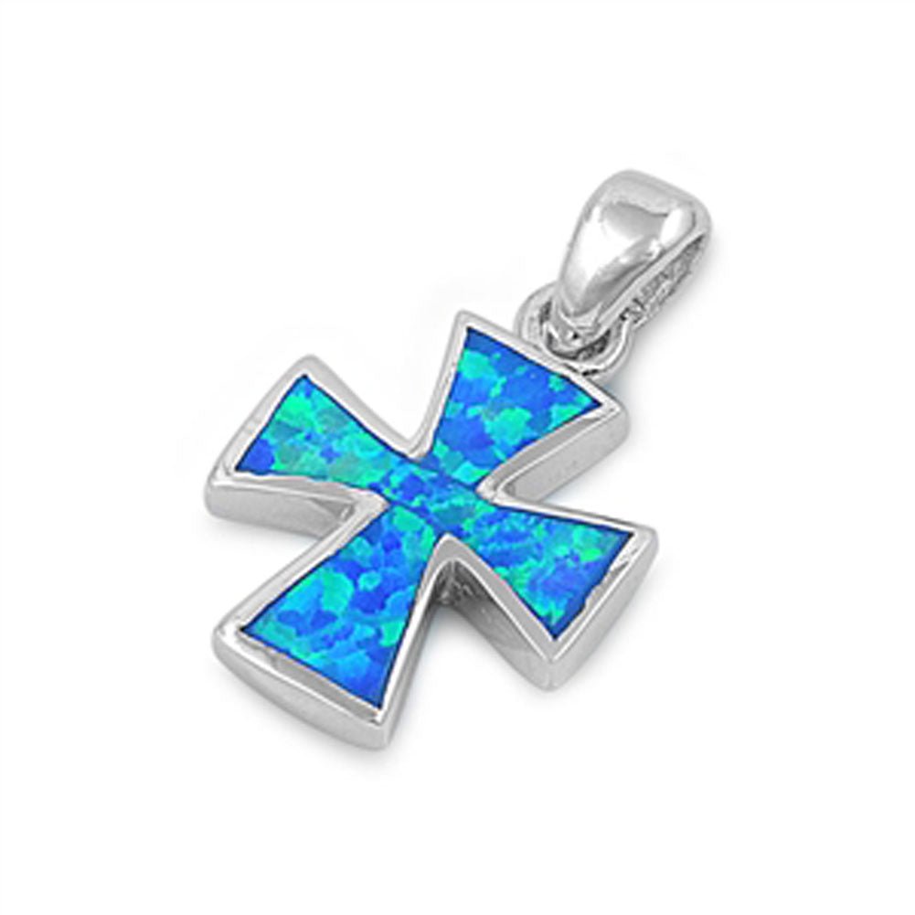 Stylized Angular Cross Pendant Blue Simulated Opal .925 Sterling Silver Charm